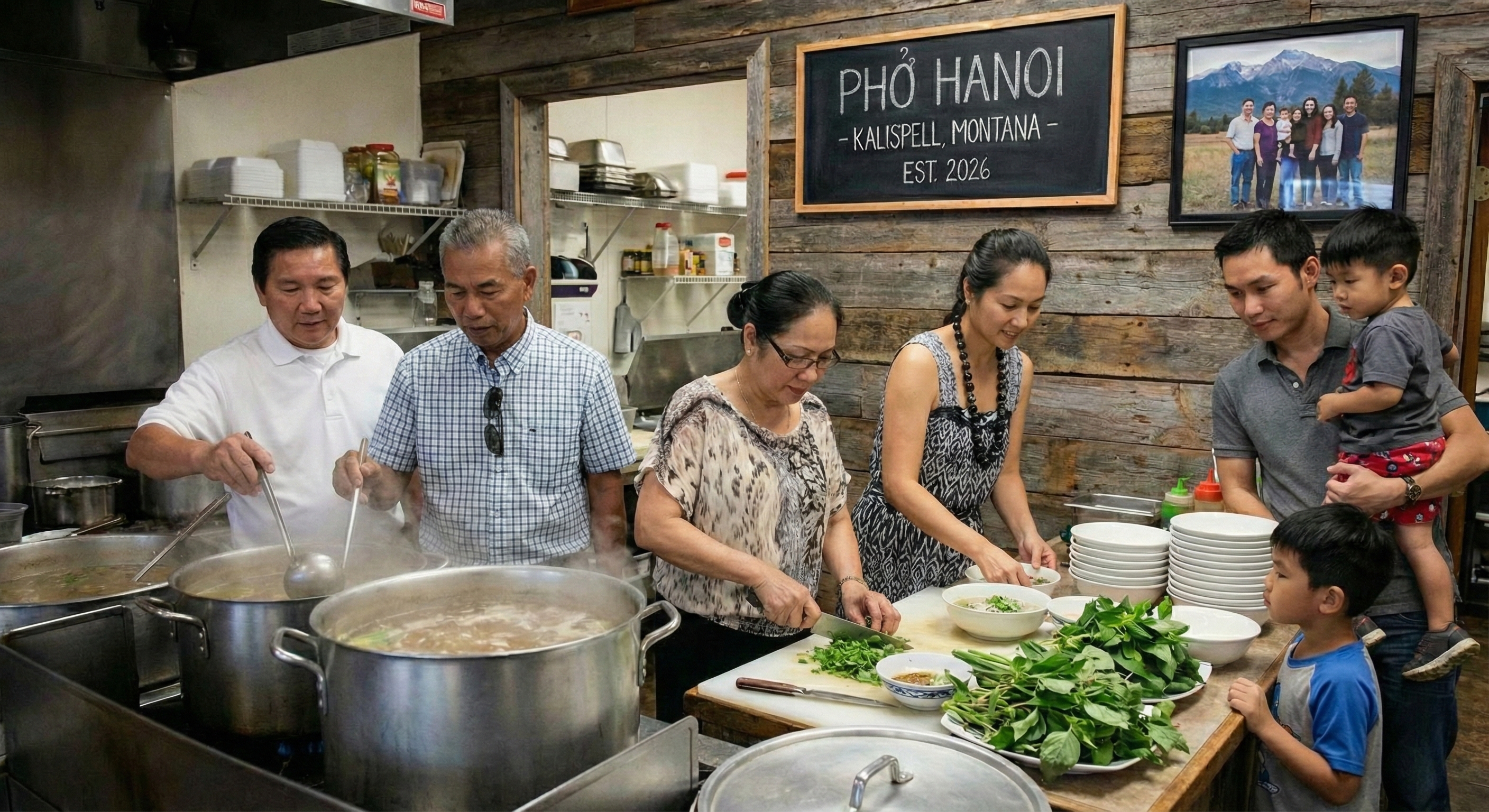 The Pho Hanoi family cooking together in the restaurant kitchen in Kalispell, Montana